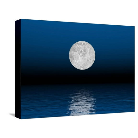 Art.com Beautiful Full Moon Against a Deep Blue Sky over the Ocean Stretched Canvas Print Wall Art, 16" x 12"