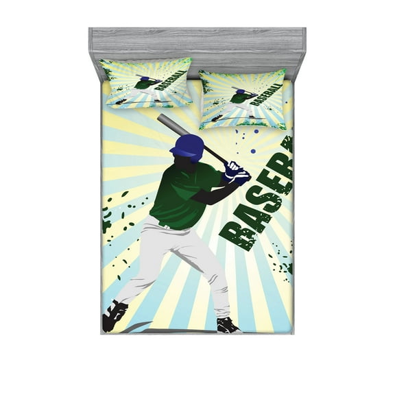 Ambesonne Green Fitted Sheet & Pillow Sham Set, Grunge Baseball Pop Art, Full, Green Yellow