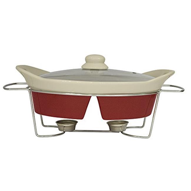 J Miles UHCD139 Oven Safe Divided Oval Casserole Dish with Glass Lid, Metal Trivet Rack