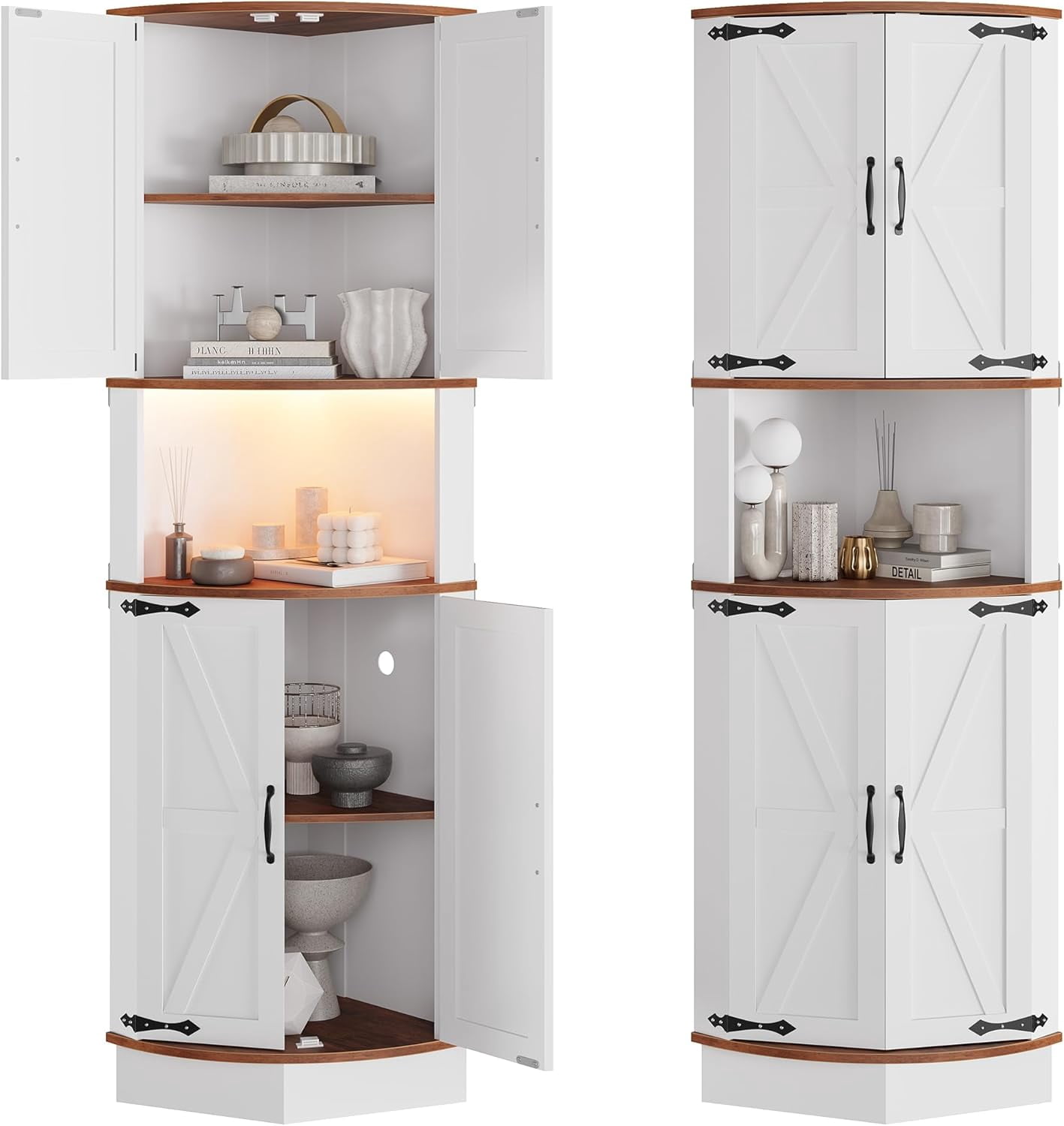 65" Tall Farmhouse Corner Cabinet with LED Light, Display Storage Cabinet with Barn Door, Tall Bathroom Cabinet, Standing Corner Storage Cabinet with 5 Tier Shelves and USB Ports & Outlets for Living