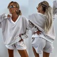 thumbnail image 2 of New Summer Women's Casual Striped Set: Long-Sleeved V-Neck Loose Top and Sports Shorts (2-Piece Set), 2 of 5