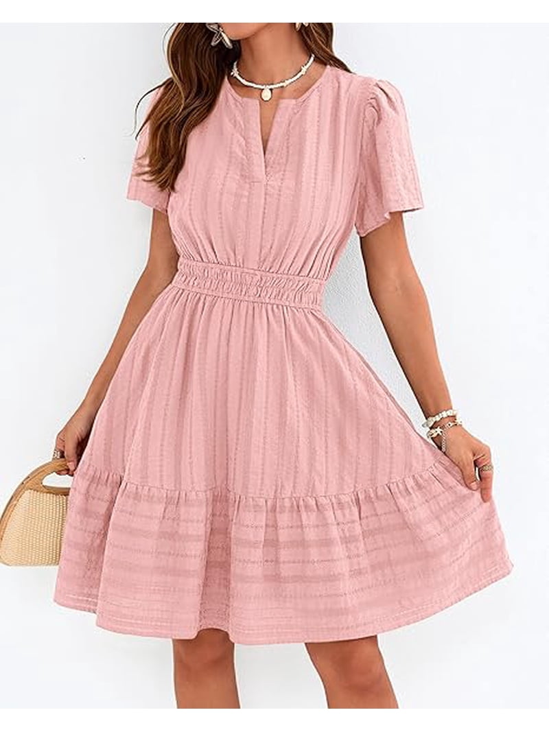 BTFBM Womens Spring Casual Mini Dresses Lightweight Short Sleeve V Neck Elastic Waist Cute Boho Beach Dress Pockets