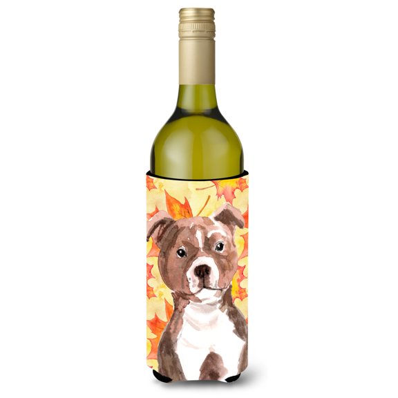 Carolines Treasures BB9532LITERK Red Staffie Bull Terrier Fall Wine Bottle Beverge Insulator Hugger  Wine Bottle