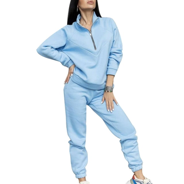 Innerwin Tracksuit Set Long Sleeve Womens Lounge Sets Exercise Solid Warm Two Piece Outfit Bright Blue M