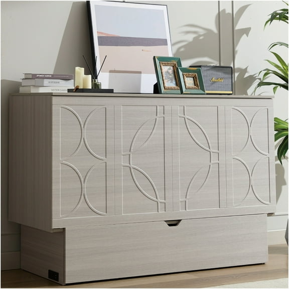 JERFIT Queen Murphy Cabinet Bed with Storage, USB Charging Foam Mattress, Space Saving Wall Bed for Living Room, Gray