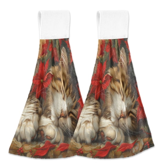 BZSMCE Hanging Hand Towels Fashion Dreamy Tabby Nestled in Poinsettias Pattern 2-Pack - Velcro Style Bathroom Kitchen Towels