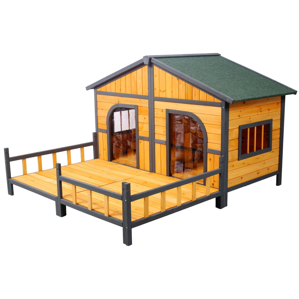 Natural Wooden XL Outdoor Dog House with Elevated Floor & Porch, Weatherproof Kennel for Small to Medium Dogs