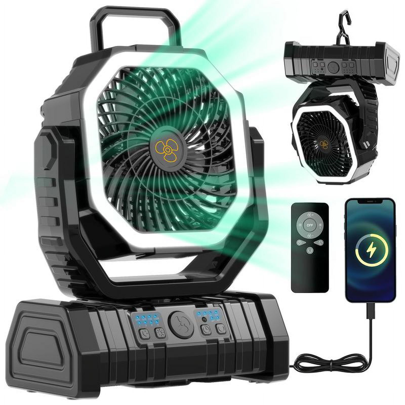 20000mAh Rechargeable Camping Fan with LED Light, Portable Multi-functional Fan with 360° Rotating Hook, Oscillating Emergency Camping Fan