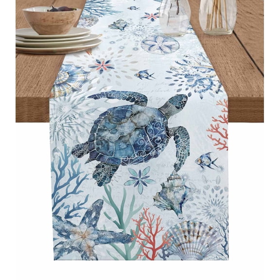 Ocean Sea Turtle Table Runner 60 Inches, Summer Coastal Coral Flower Shells Bed Runner Dresser Scarves Tabletop for Indoor Outdoor Parties/Ceremony/Banquet, 13" x 60"
