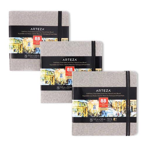 Arteza Watercolor Sketchbooks, 5.5x5.5inch, 3Pack, 132 Sheets, Gray