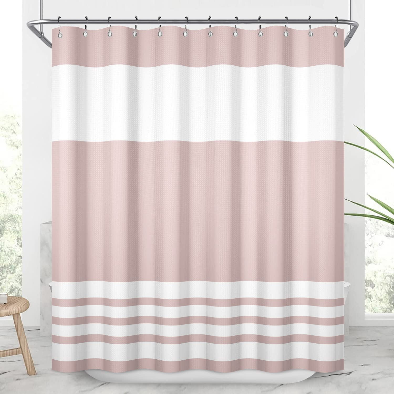 Classic Striped Waffle Weave Shower Curtain 72W x 78L Inch, Wide Gray Green Stripes Water