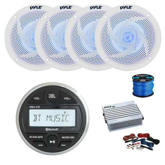 JBL PRV-175 Marine Gauge Mount USB Bluetooth AM/FM Digital Stereo Receiver, 4-Channel Amplifier w/ Kit, 4X 5.25" 180 Watt 2-Way Slim Low Profile Blue Flashing LED Audio Speakers (White) w/ Wire