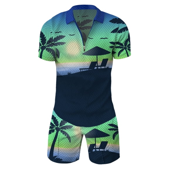 Vedolay Matching Short Sets Men's Print Color Short Sleeve Zip Shirt Shorts Set Summer Casual Streetwear Suits,Green L