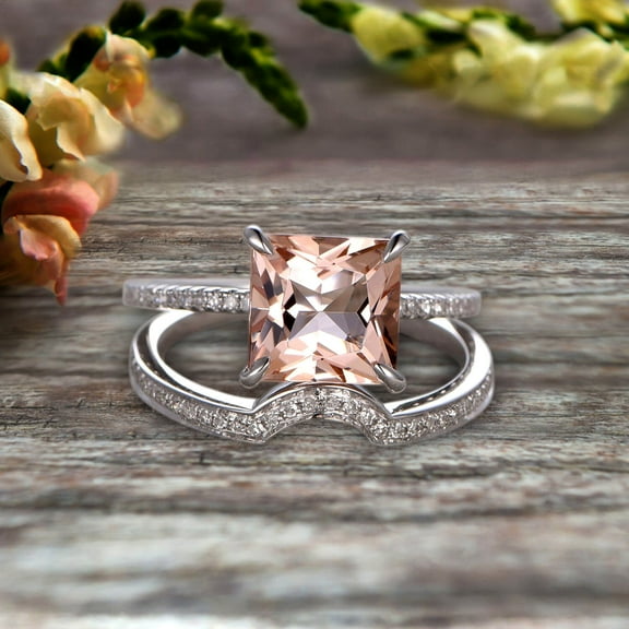 1.50 Carat Princess Cut Morganite Wedding Set Engagement Bridal Ring Set On 10k White Gold Plain Edge Curved Matching Band Art Deco Glaring Staggering Ring