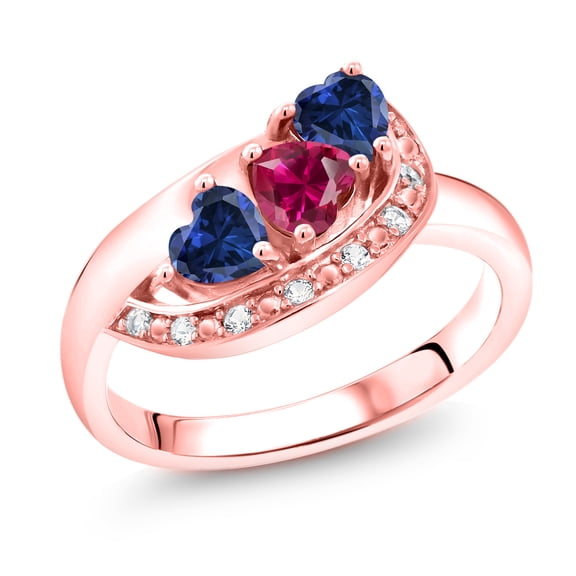 Gem Stone King 18K Rose Gold Plated Silver Red Created Ruby Blue Created Sapphire and White Created Sapphire Engagement Ring for Women (1.36 Cttw, Gemstone July Birthstone, Heart Shape 4MM, Size 6)