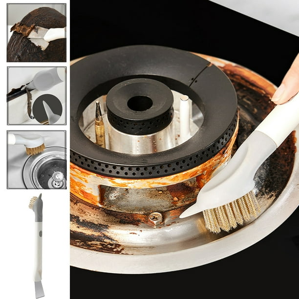Cepillo de doble cabeza para limpiar cocina, fregador de cocina con cerdas rígidas, encimera, encimera, cepillo limpiacelas con raspador, 25 cm x 3,5 cm para limpieza de cocina