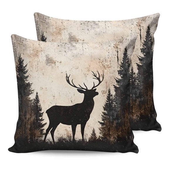 14x14 Pillow Covers Set of 2, Vintage Forest Deer Throw Pillow Covers Decorative Couch Cushion Case, Rustic Country Wildlife Woodland Microfiber Square Pillowcases for Bedroom Car Living Room