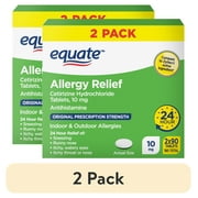 (2 pack) Equate 24 Hour Cetirizine Hydrochloride Allergy Relief Tablets, 10 mg, 180 Count