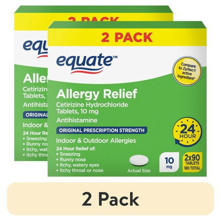 (2 pack) Equate 24 Hour Cetirizine Hydrochloride Allergy Relief Tablets, 10 mg, 180 Count