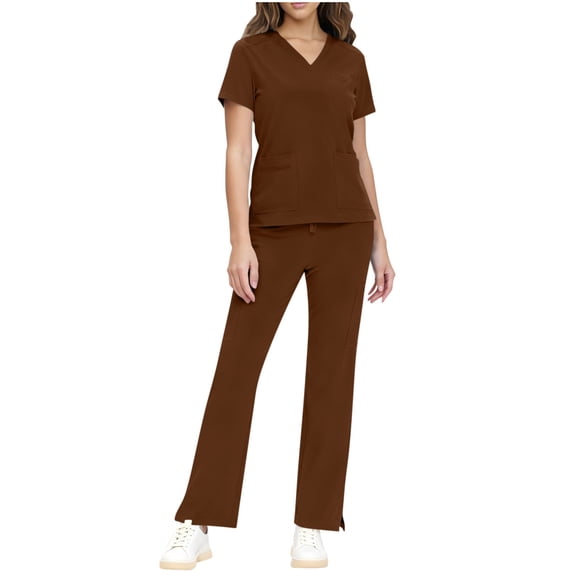FRSASU Scrubs Set for Women Medical Uniform Stretch V-Neck Scrub Top & Drawstring Jogger Pant with Pockets Brown S(S)