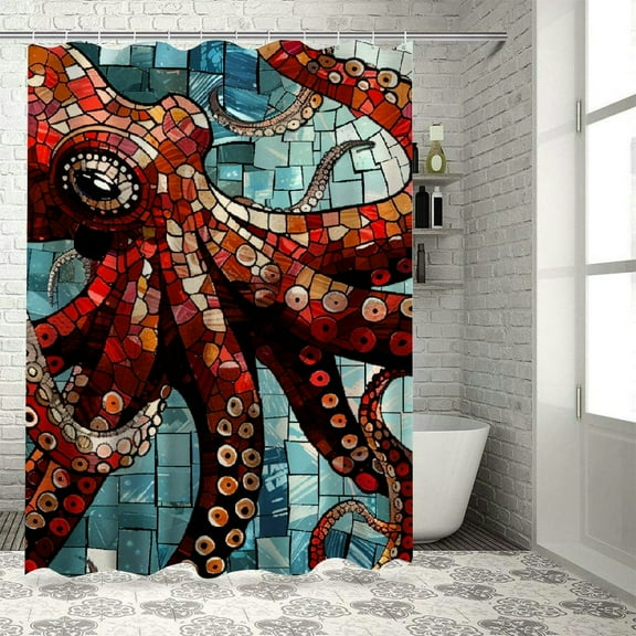 Shiartex  Octopus Shower Curtain for Bathroom, Cool Ocean Nautical Red Kraken Fabric Shower Curtains Set, Trippy Funny Restroom Decor Accessories 36x72