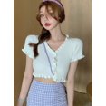 thumbnail image 2 of Zupora Women's Crop Top V Neck Knit Slim Fit Solid Color Ribbed Short Flounce Sleeve Ruched Blouse Casual Sexy Fashion Tee Shirt Cardigan Summer Going Out Party, One Size, 2 of 3