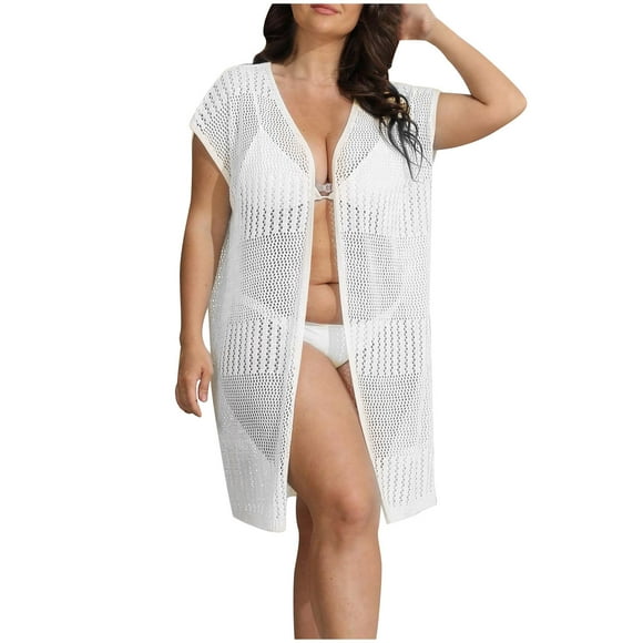 Plebaso Women's Swimsuit Cover up Mesh Knit Open Front Cardigan Beachwear Bathing Suit Coverup for Women