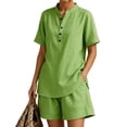 thumbnail image 4 of Arlun Womens Linen 2 Piece Sets Neck Button up Short Sleeve Shirts and Wide Leg Shorts Set Summer Relaxed Fit Casual Two Piece Outfits Solid Color Matching Set Daily Wear Green XL, 4 of 5
