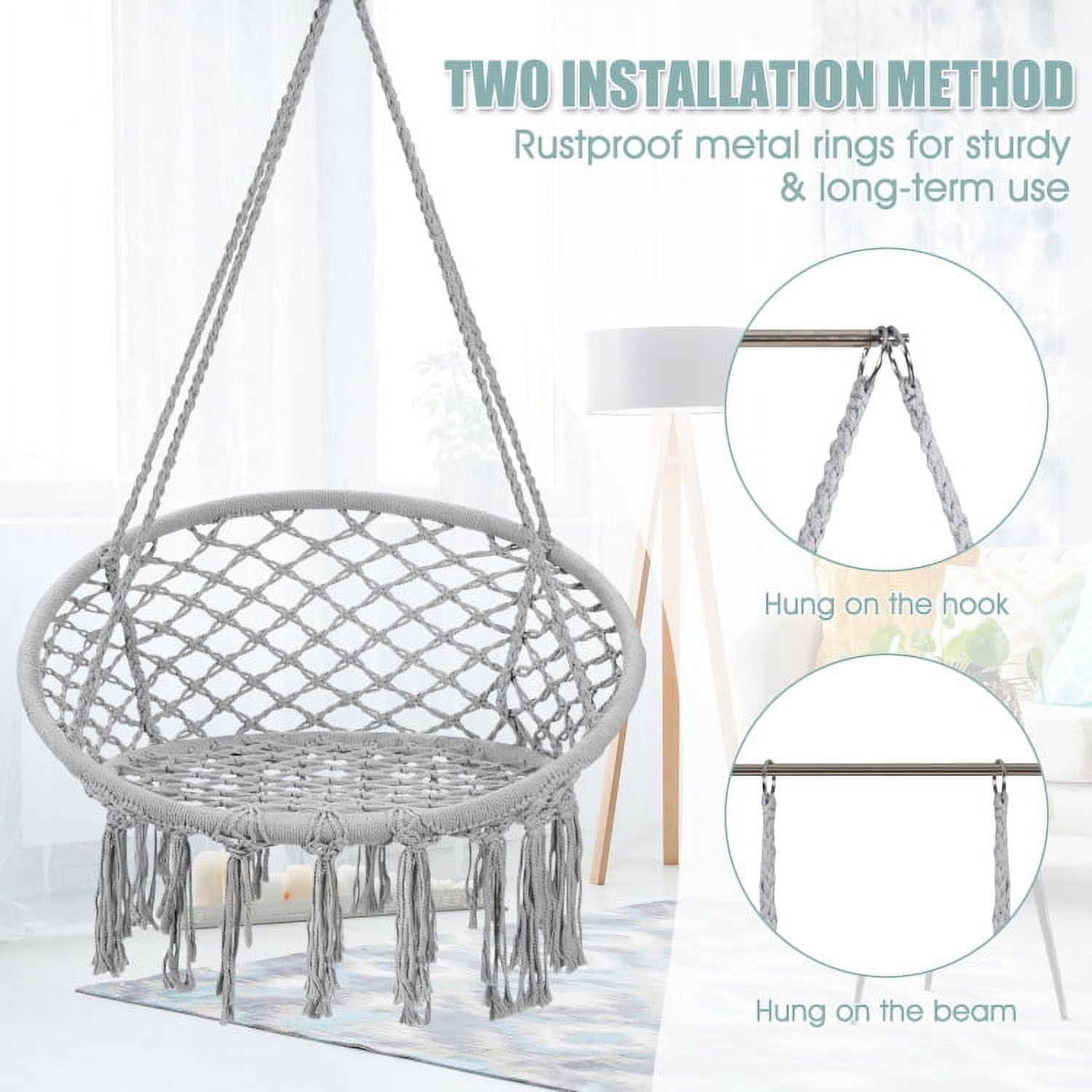 Aimee Lii Hanging Macrame Hammock Chair with Handwoven Cotton Backrest, Outdoor Deck Furniture, White