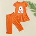 thumbnail image 3 of Odeerbi Kids Girls 2 Piece Outfits Ruffle Tops Capris Set Summer Clothes Floral Print Round Neck Short Sleeve Flying Sleeves Top Elastic Waist Cropped Pants Two-piece Set Orange, 3 of 5