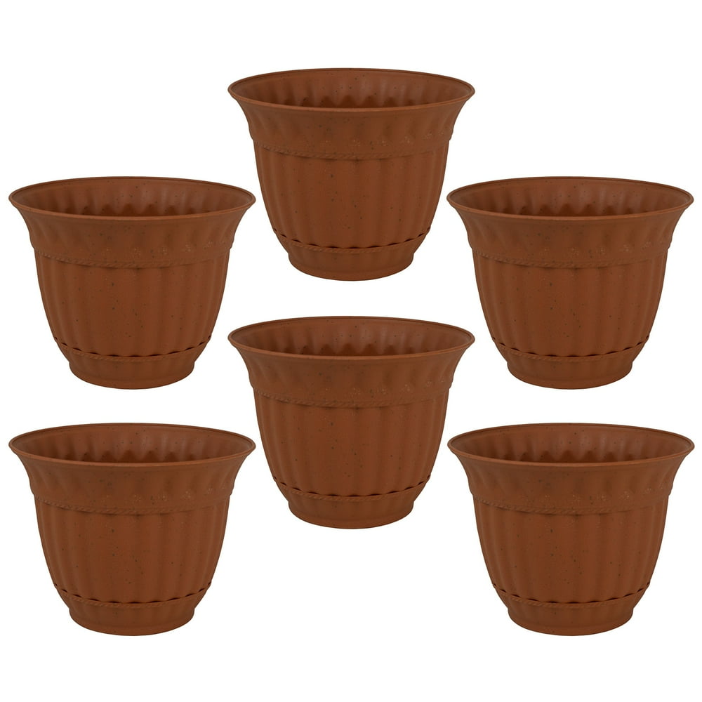 6 Pack 6 Inch Plastic Flower Pot Sienna Burn Decorative Attached Saucer