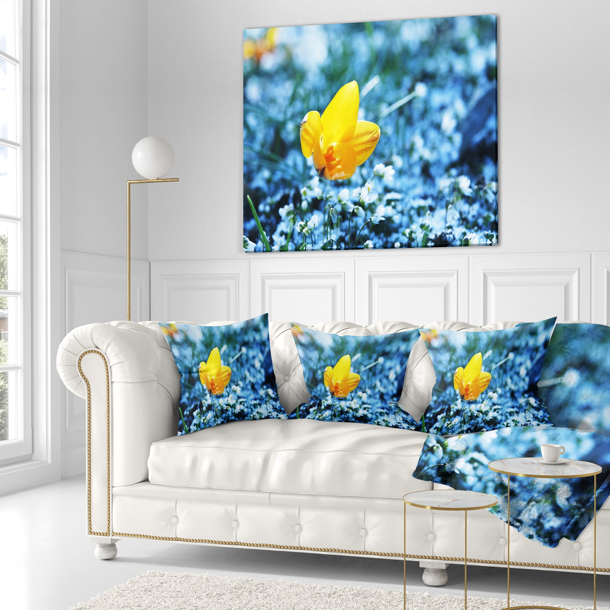 Designart Solitary Yellow Flower on Blue - Floral Throw Pillow - 16x16