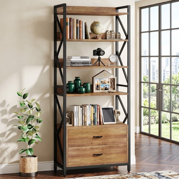 Fnova 70.8" Tall Bookcase with 2 Large Drawers, 5 Tier Industrial Wooden Storage Bookshelf for Living Room, Bedroom, Home Office, Rustic Brown