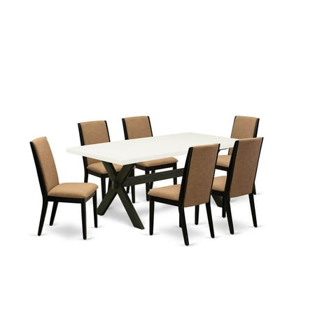 East West Furniture X627LA147-7 7-Piece Awesome Dining Table Set a Superb Linen White Wood Dining Table Top and 6 Stunning Linen Fabric Parson Chairs with Stylish Chair Back Wire Brushed Black Finish