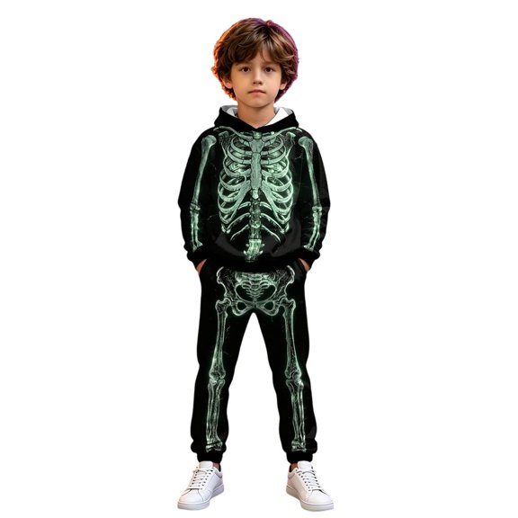 XIYON Boy Halloween Outfit Skeleton Pullover Hoodie and Sweatpants Cozy 2 Piece Sweatsuit Fall Winter Casual Outfit