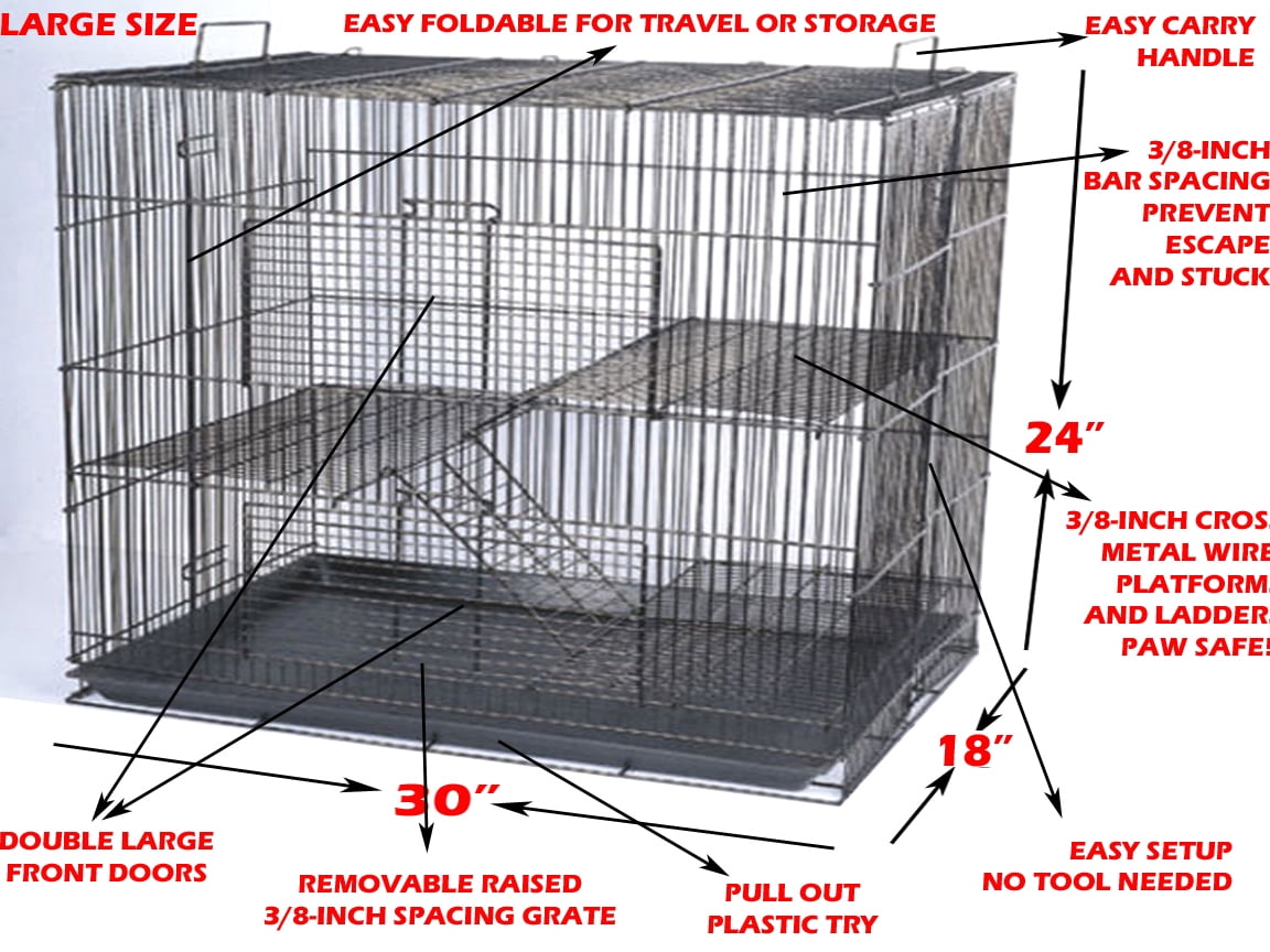 Large 3-Tiers Portable All Metal Chew-Proof Easy Setup With Narrow 3/8 Inch Bar Spacing for Rats Guinea Pig Sugar Glider Mice Hamsters Gerbils Animal Critter Cage