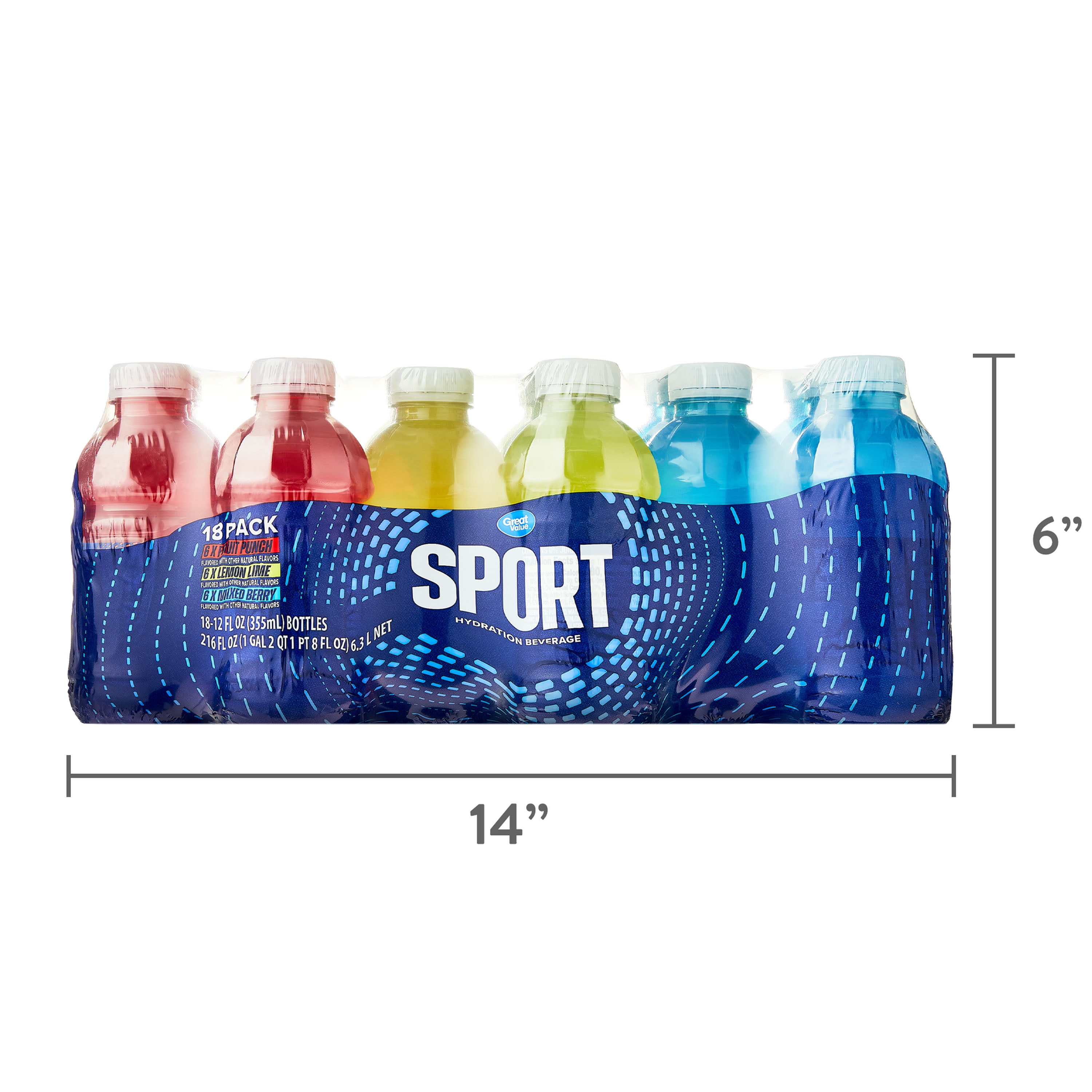 Great Value Sport Hydration Beverage Variety Pack, Fruit Punch/Lemon Lime/Mixed Berry, 12 fl oz, 18 Bottles