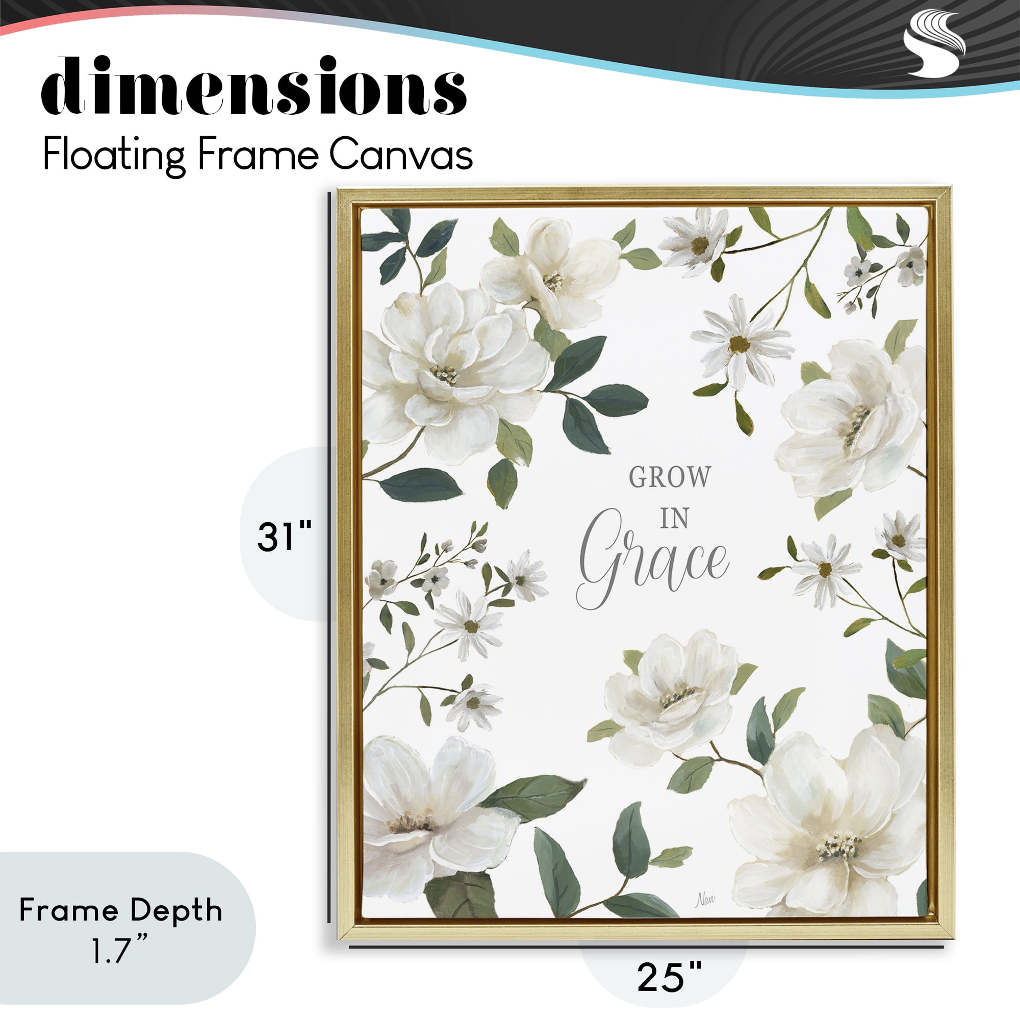 Stupell Industries Floral Grow In Grace Gold Framed Floater Canvas Wall Art, design by Nan