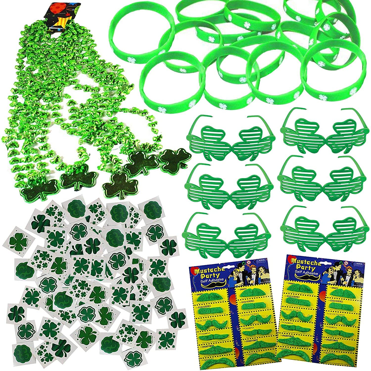 Mustaches,Rubber Bracelets Patricks Day Accessories Set Party Supplies with Shamrock Glasses,Necklaces Tattoos,Hat Headband for St Paddys Day Decorations. Lumiparty 41 Pcs St