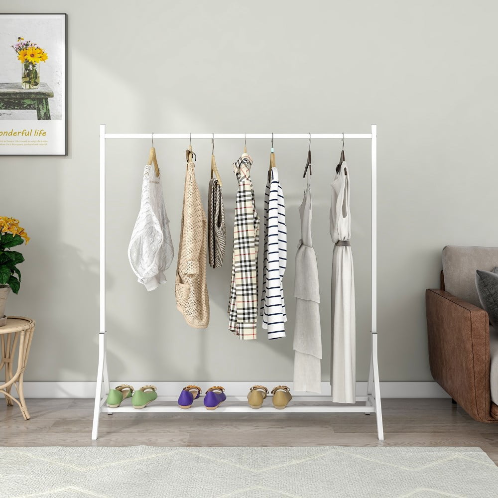 Garment Rack Freestanding Clothes Rack, Heavy-Duty Metal Clothing Rack with Shoe Shelf, Industrial Pipe Design, Space-Saving Hanger, White