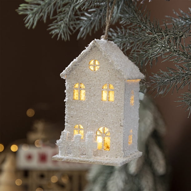 Christmas Winter Village Houses Set LED Lighted DIY Christmas Figurines Christmas Miniature Resin Ornament Kits Christmas Cedar Bare Branch Tree Street Lamp