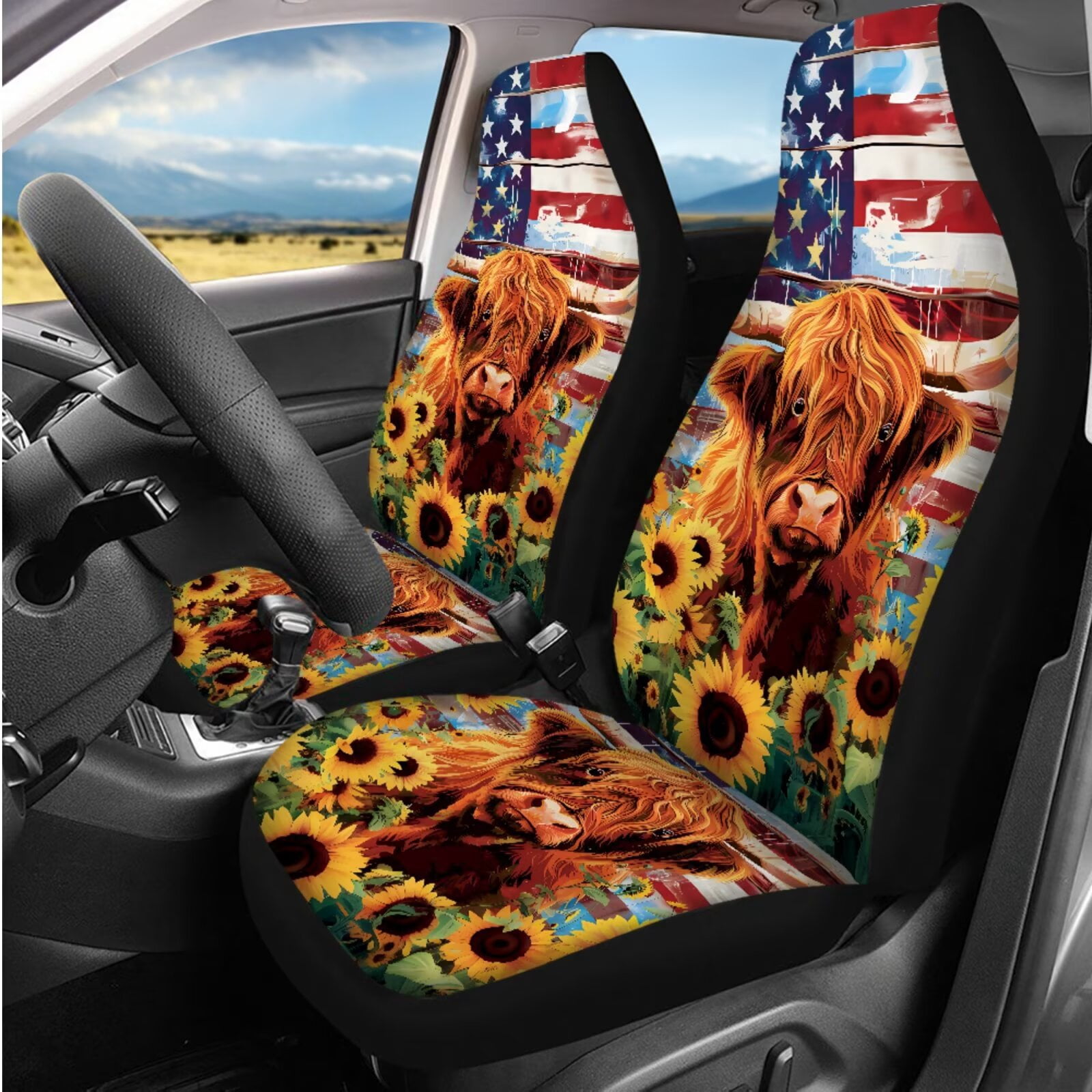 Binienty Sunflower Highland Cow Print Automotive Seat Covers with Armrest Cover Seat Headrest Cover Seat Belt Shoulder Strap Covers Keychain 14 Pieces American Flag Car Interior Accessories Set
