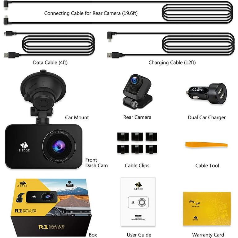 Z-Edge WiFi Dash Cam, 1920x1080P FHD, Front and Rear Dash Cam, Dual Cam,  Car DVR, Night Vision, Parking Mode, G-Sensor, Loop Recording