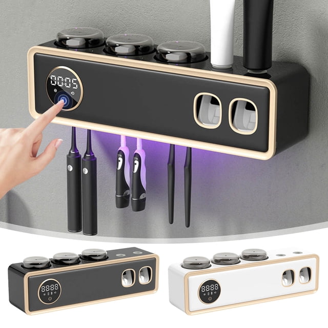 Soporte de cepillo de dientes para baño Dispensador automático de pasta de dientes montado en la pared | Limpiador de cepillos de dientes eléctrico Secadora | Bastidor de almacenamiento de 4 ranuras