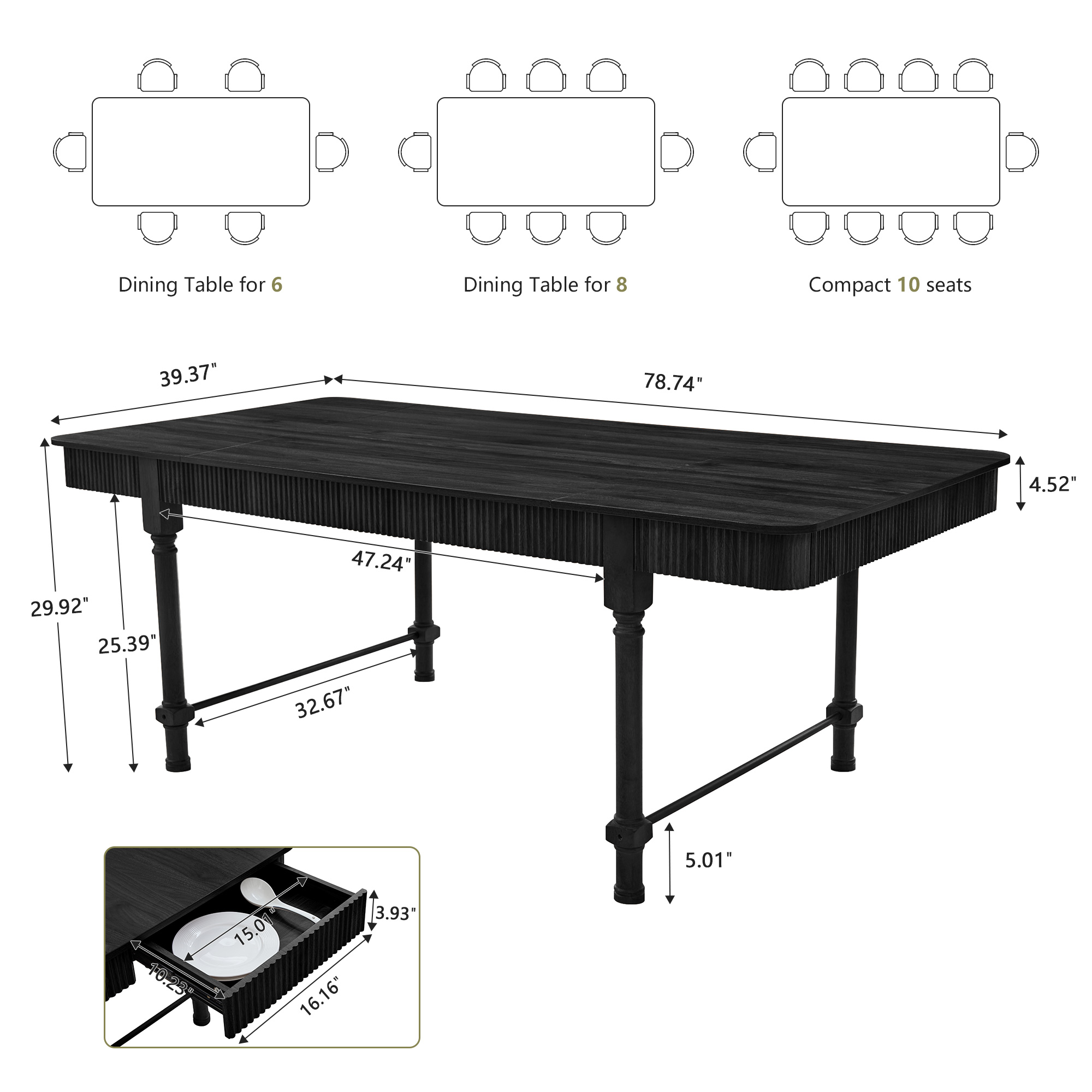 Weselon 78.74" Square Dining Table with 4 Drawers, Wood Fluted Dining Table with Storage Drawers, Seats up to 6,Large Kitchen Table for Casual Meals and Special,Dining Room, Black