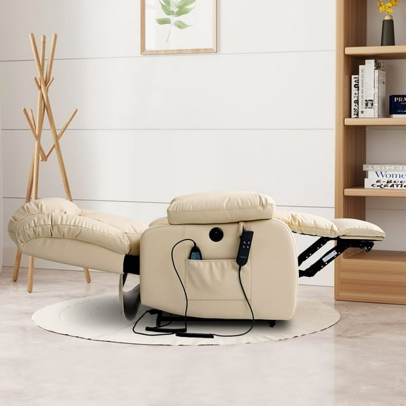TEKAMON Infinite Position Lift Recliner Chair for Elderly with Heat and Massage Lay Flat Sleeping Leather Dual Motor Power Lift Chair for Living Room (Beige)