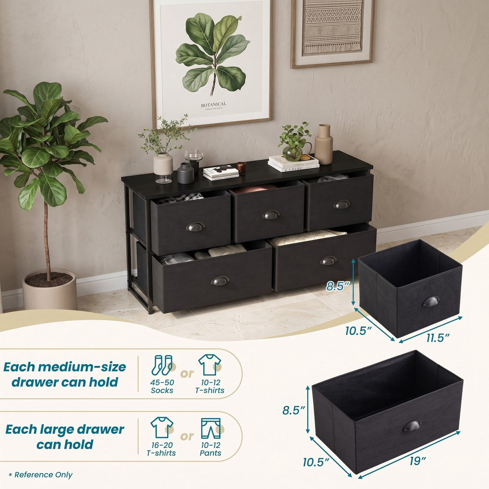 Furnibear 5-Drawer Fabric Storage Tower Dresser with Steel Frame and Foldable Cloth Bins for Bedroom Closet and Nursery, Black