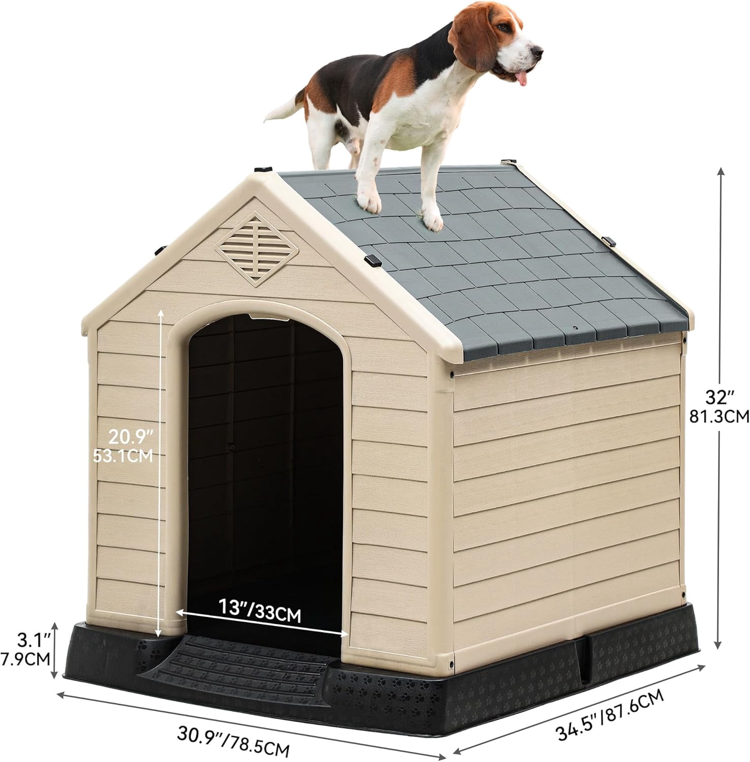 28.5'' Plastic Dog House Outdoor Indoor Doghouse Puppy Shelter Water Resistant Easy Assembly Sturdy Dog Kennel with Air Vents and Elevated Floor (28.5''L*26''W*28''H, Blue)
