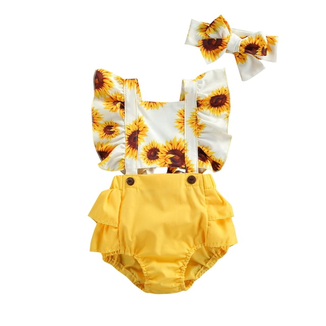 Gupgi 0-24M Baby Girl Romper Sunflower Printed Ruffle Sleeve Backless Jumpsuit