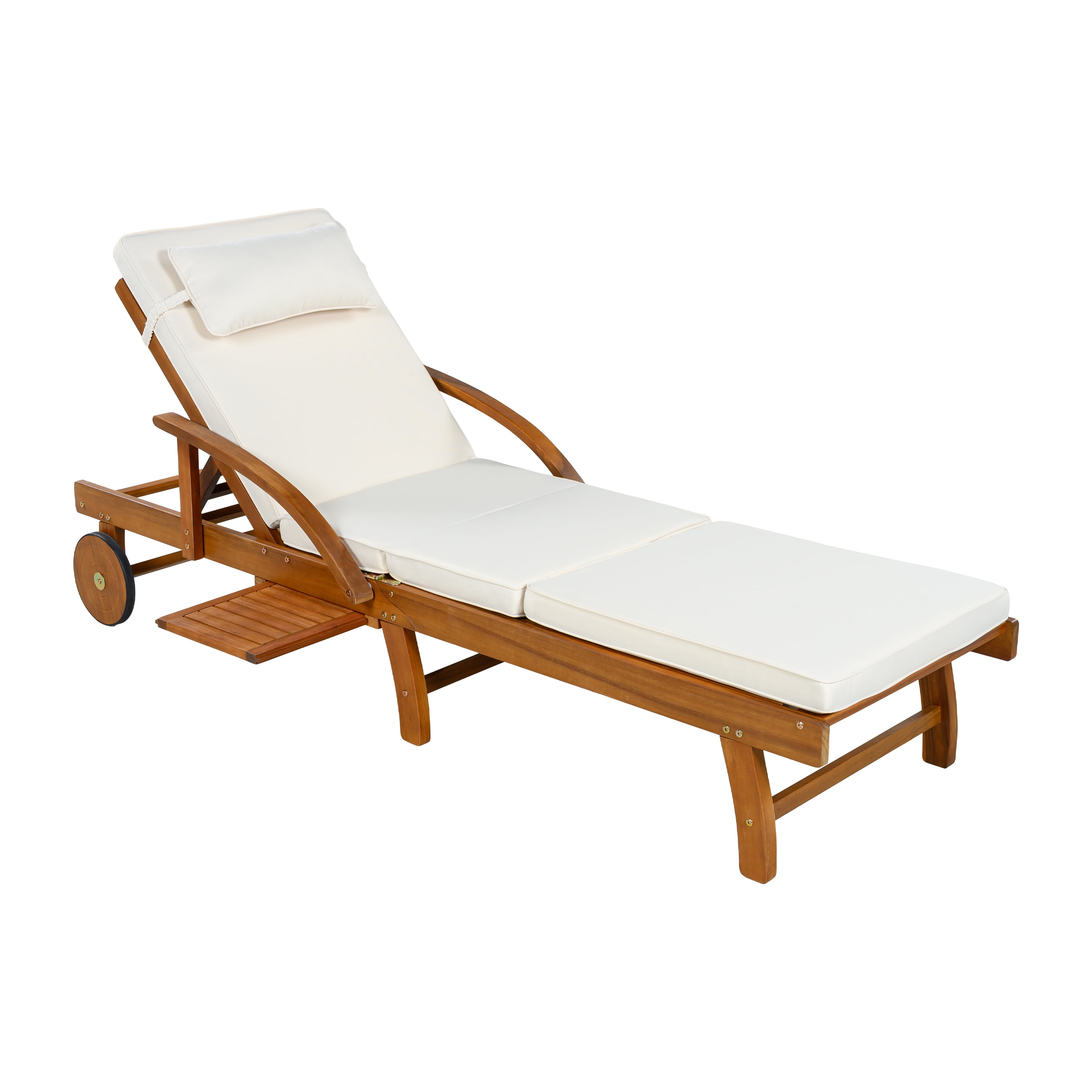 Mintazer 77.5" Adjustable Outdoor Chaise Lounge with Cushion & Headrest, Wheeled Pool Lounge Chair with Retractable Side Tray, Natural & Beige
